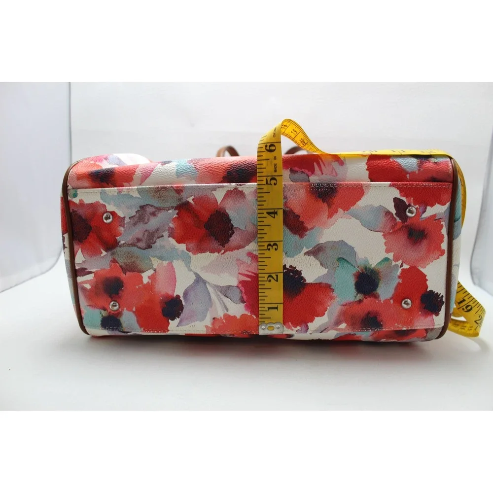 Lauren Ralph Lauren Floral Watercolor Satchel Bag‎ Brown Leather Trim Red Blue
